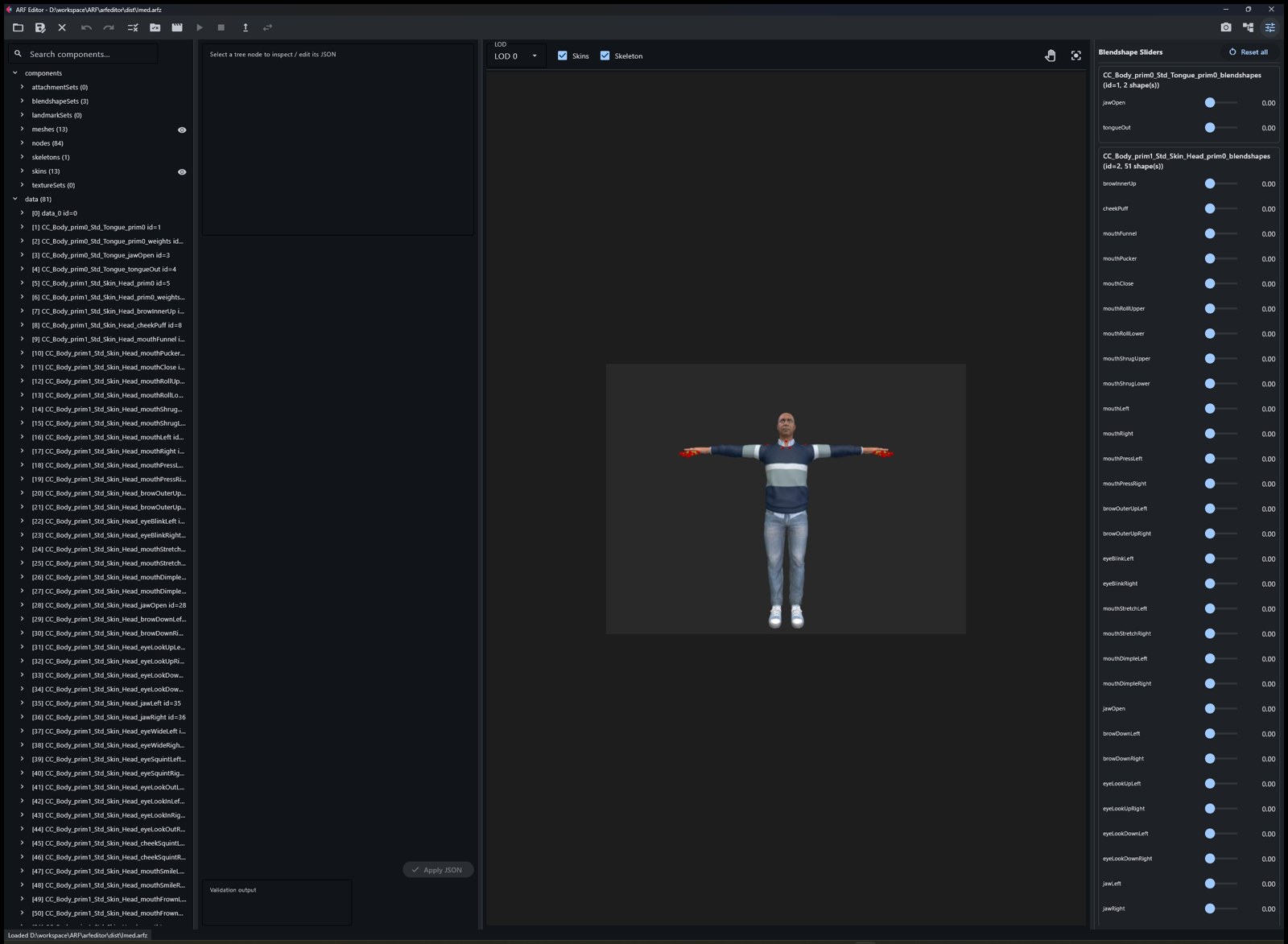 ARF Editor with blendshape sliders and skeleton overlay