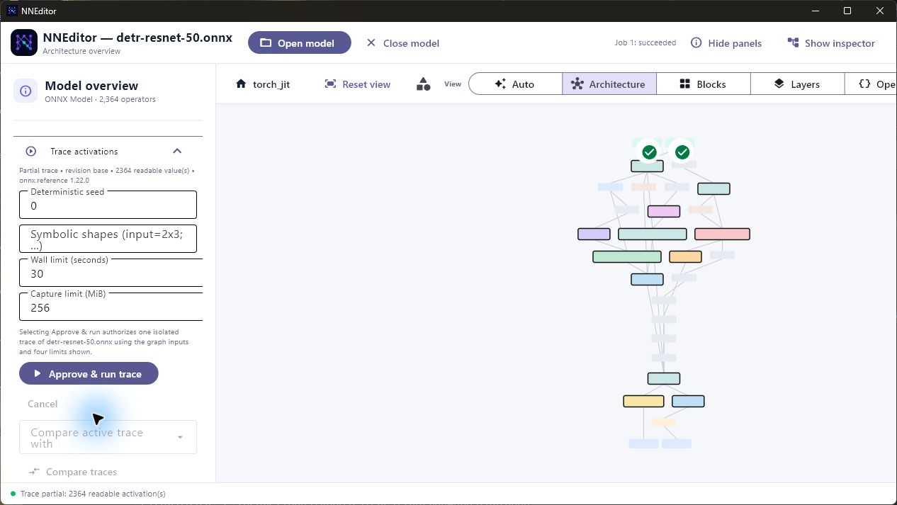 Bounded activation trace results in NNEditor